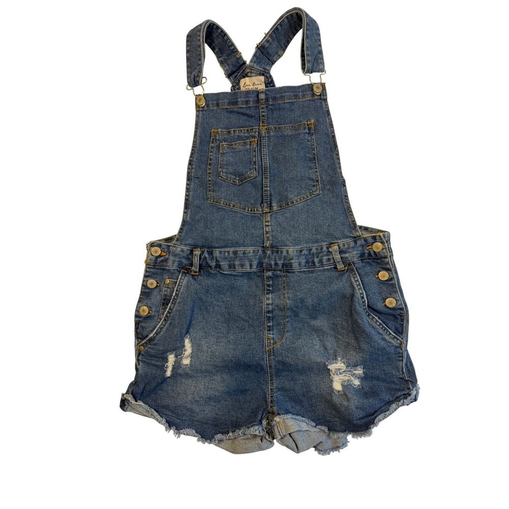 Distressed Boho Love Tree Denim Womens Medium Shortalls Blue Ripped Raw‎ Hem